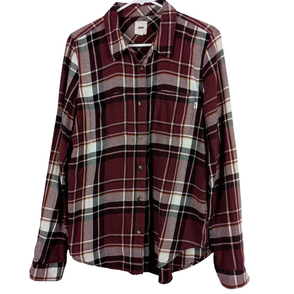 Vans Womens Burgundy Plaid Flannel Button Up Shirt Size M Rugged Chic Cabincore